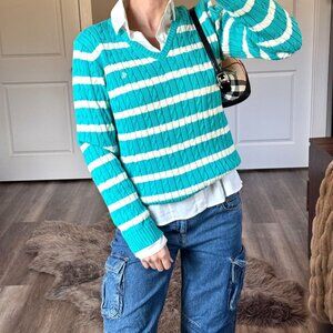 Lauren Ralph Lauren Sweater Womens Striped Cable Knit V-Neck Cotton Preppy Teal